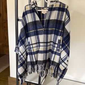 Plaid Hooded Poncho with Fringe